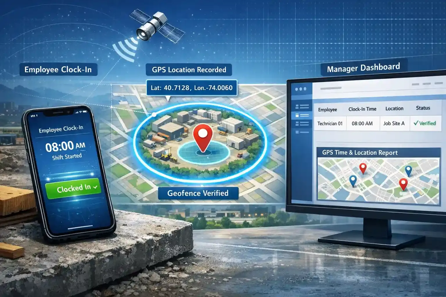 GPS time tracking workflow showing clock-in, GPS capture, geofence, dashboard